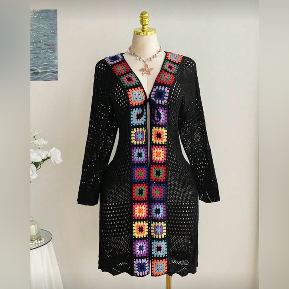 Sweaters - Black Crochet Long Cardigan with Multicolor Squares